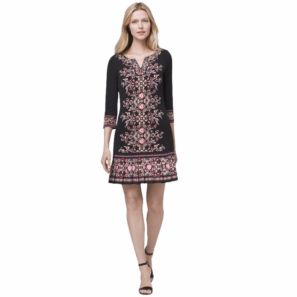 WHBM Pleated Hem Floral Knit Shift Black Dress